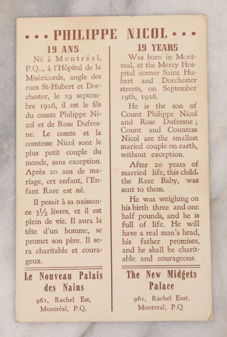 Lot 058 - Vintage Souvenir Pitch Card For Philippe Nicol, From "The New Midget's Palace" Montreal, Quebec, Canada