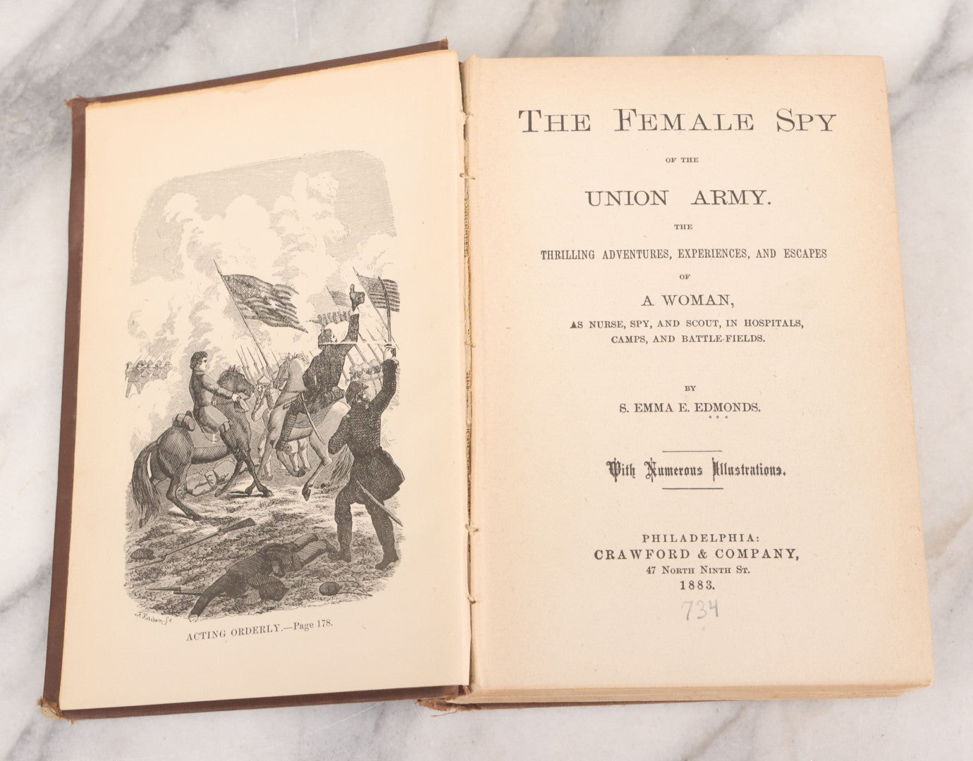 Lot 059 - "The Female Spy Of The Union Army; The Thrilling Adventures, Experiences, And Escapes Of A Woman" Antique Illustrated Civil War History Book By S. Emma E. Edmonds, Crawford & Company, Publishers, Philadelphia, 1883