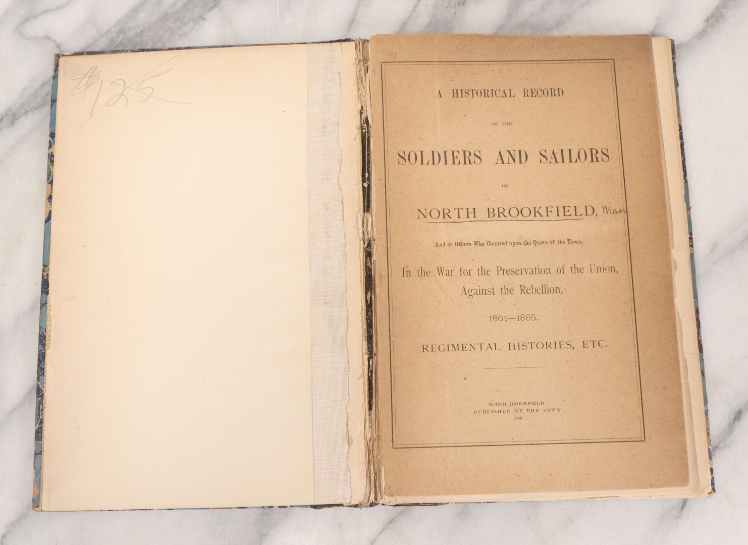 Lot 060 - "A Historical Record Of The Soldiers And Sailors Of North Brookfield (Massachusetts), In The War For The Preservation Of The Union Against The Rebellion 1861-1865 Regimental Histories, Etc." Antique Book Published By The Town, 1886, Rebound