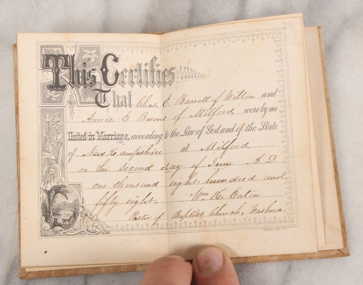 Lot 062 - "The Christian Minister's Affectionate Advice To A Married Couple" Miniature Book By Reverend James Bean, American Tract Society, Publishers, With Marriage Certificate Dated 1858