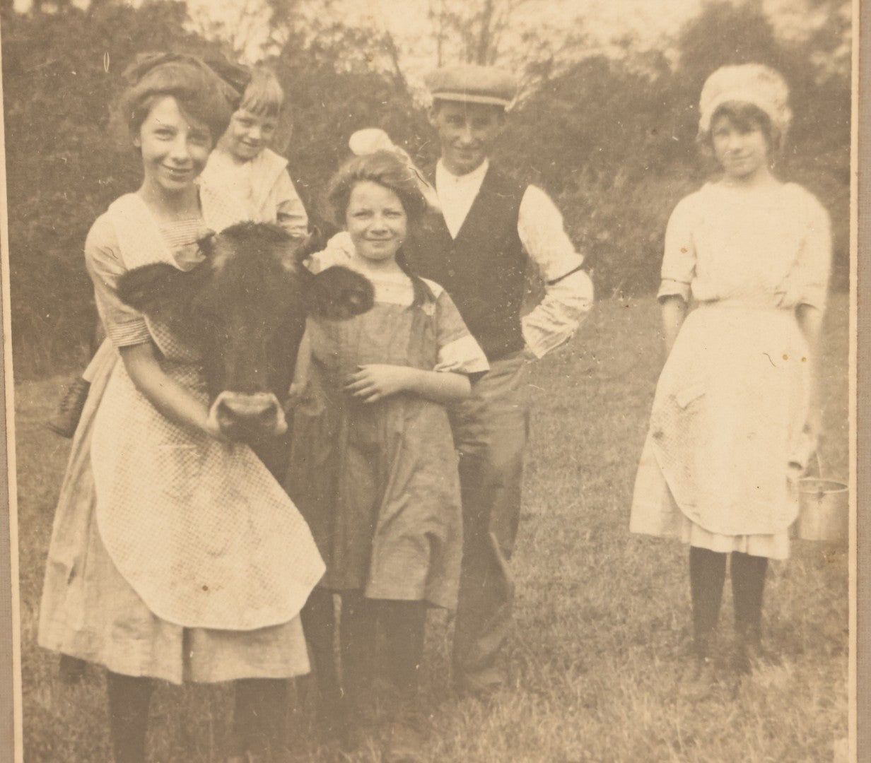 Lot 065 - Grouping Of Four Antique Boarded Photographs Of People And Animals Including Cat In Snow, Cow Being Hugged By Children, Fluffy Cat Photographed With Its Family, Black Horse