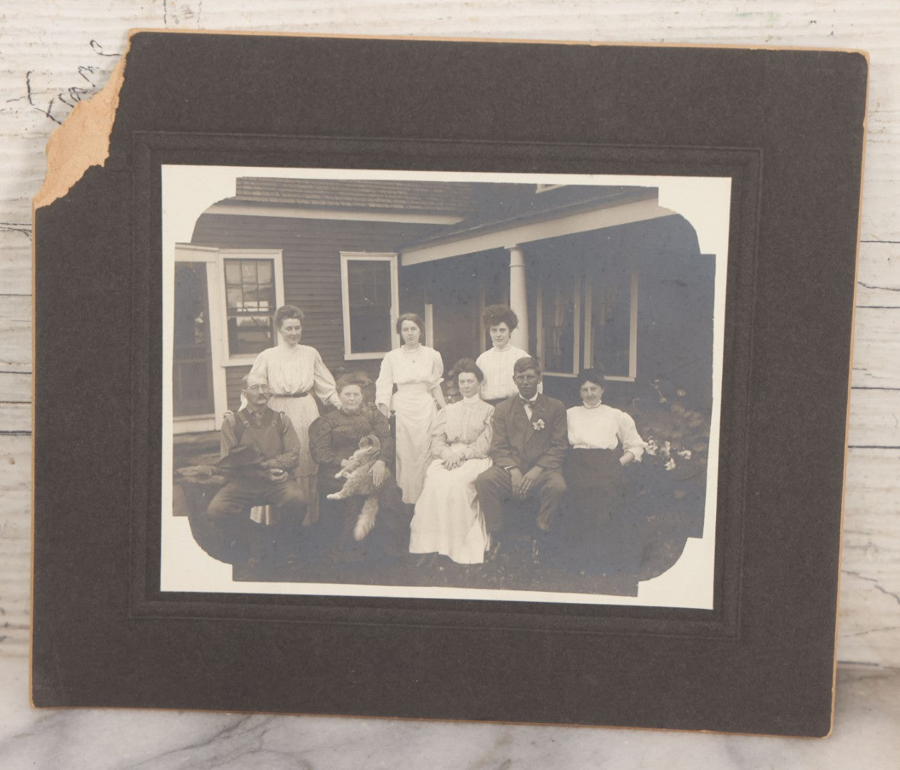 Lot 065 - Grouping Of Four Antique Boarded Photographs Of People And Animals Including Cat In Snow, Cow Being Hugged By Children, Fluffy Cat Photographed With Its Family, Black Horse