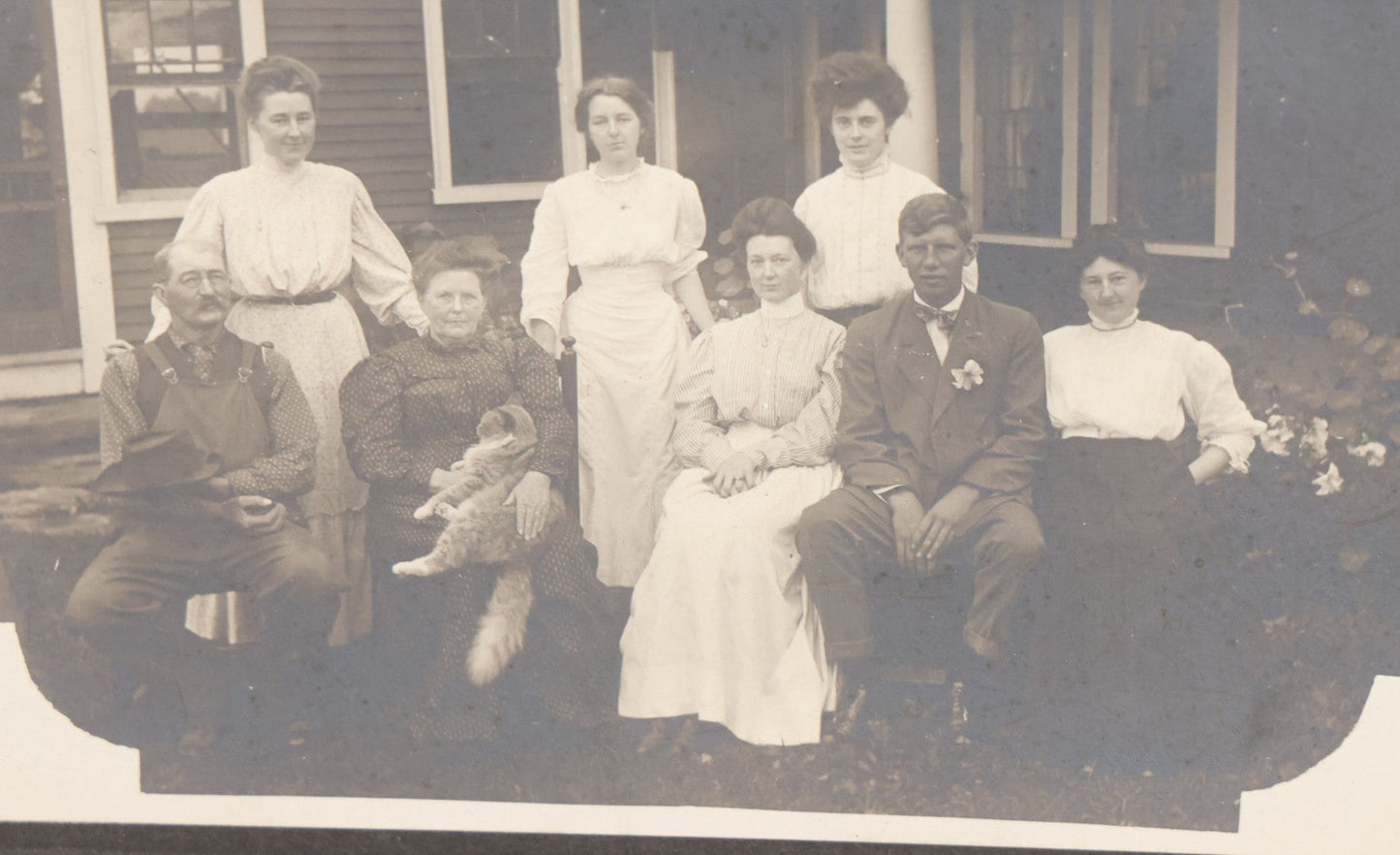 Lot 065 - Grouping Of Four Antique Boarded Photographs Of People And Animals Including Cat In Snow, Cow Being Hugged By Children, Fluffy Cat Photographed With Its Family, Black Horse