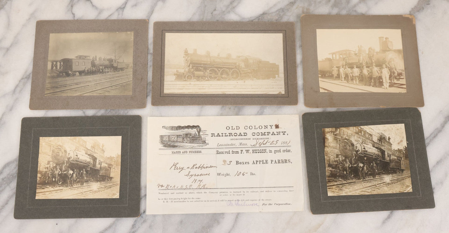 Lot 066 - Six Piece Railroad Photography And Ephemera Grouping Including Five Boarded Photographs Of Locomotives, Trains, And Railroad Workers, And Delivery Receipt From Old Colony Railroad Company, Leominster, Massachusetts