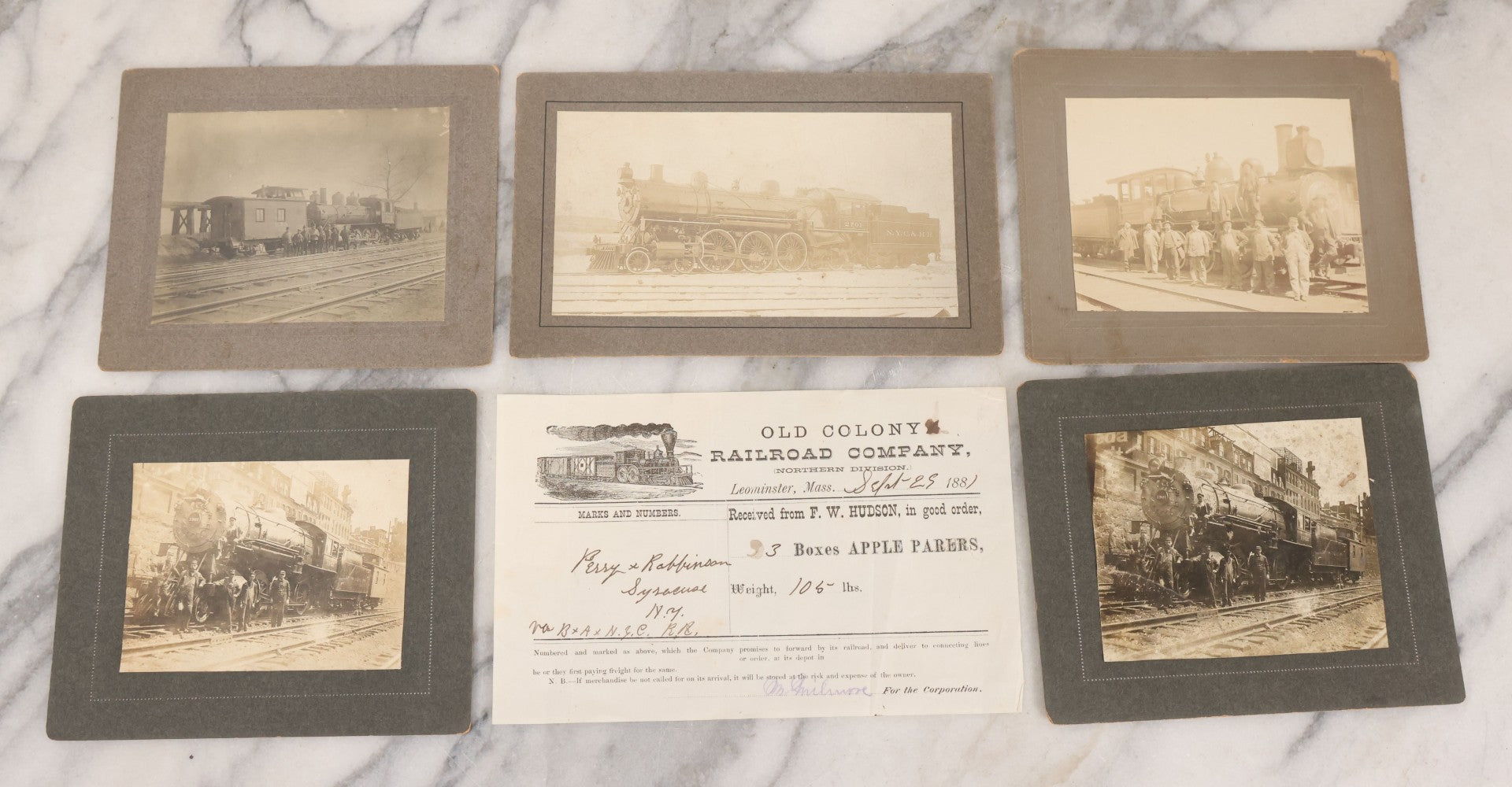 Lot 066 - Six Piece Railroad Photography And Ephemera Grouping Including Five Boarded Photographs Of Locomotives, Trains, And Railroad Workers, And Delivery Receipt From Old Colony Railroad Company, Leominster, Massachusetts