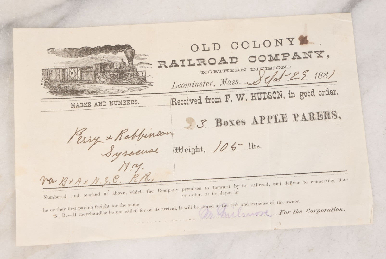 Lot 066 - Six Piece Railroad Photography And Ephemera Grouping Including Five Boarded Photographs Of Locomotives, Trains, And Railroad Workers, And Delivery Receipt From Old Colony Railroad Company, Leominster, Massachusetts