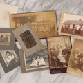 Lot 068 - Grouping Of Nine Antique Photographs Including Souvenir Tintype Of Young Boys In Overalls, Group Photo Of Family Posing Outside Large Farmhouse, Cabinet Cards, And More