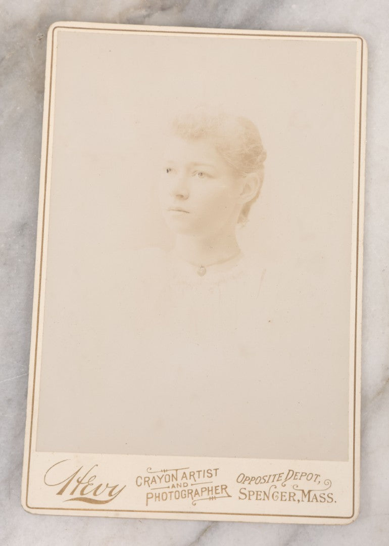 Lot 068 - Grouping Of Nine Antique Photographs Including Souvenir Tintype Of Young Boys In Overalls, Group Photo Of Family Posing Outside Large Farmhouse, Cabinet Cards, And More