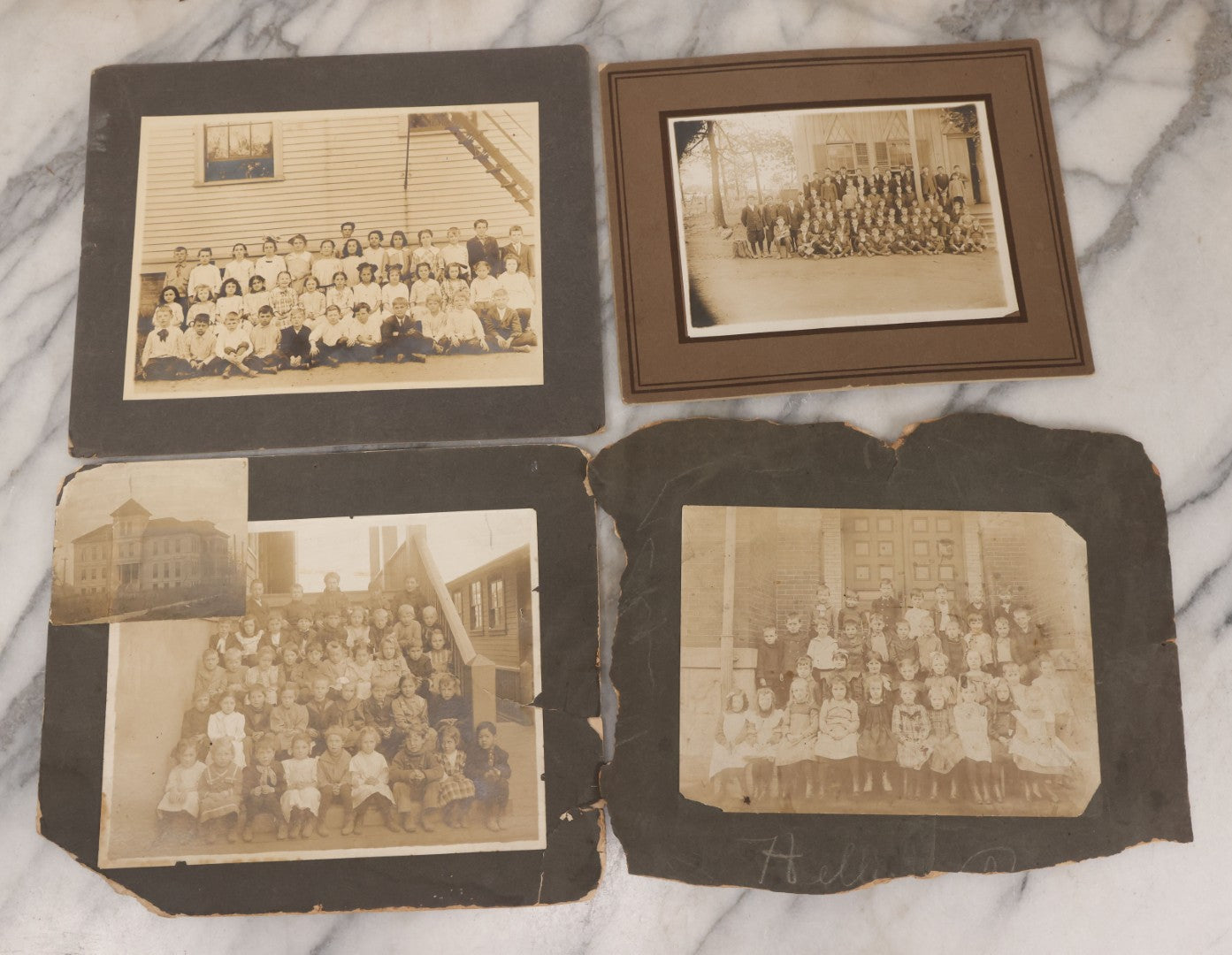 Lot 071 - Grouping Of Four Antique Boarded Photographs Of Class Photos Of Schoolchildren, Including Children Posing With Chicken In Background, Children Posing On School Steps, And Children Posing Beneath Fire Escape