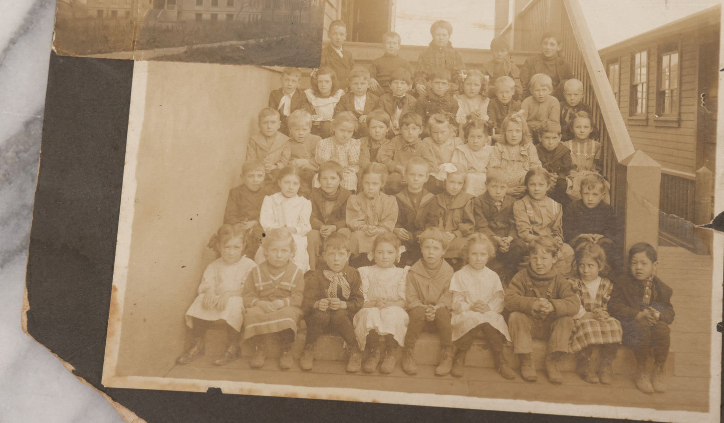 Lot 071 - Grouping Of Four Antique Boarded Photographs Of Class Photos Of Schoolchildren, Including Children Posing With Chicken In Background, Children Posing On School Steps, And Children Posing Beneath Fire Escape