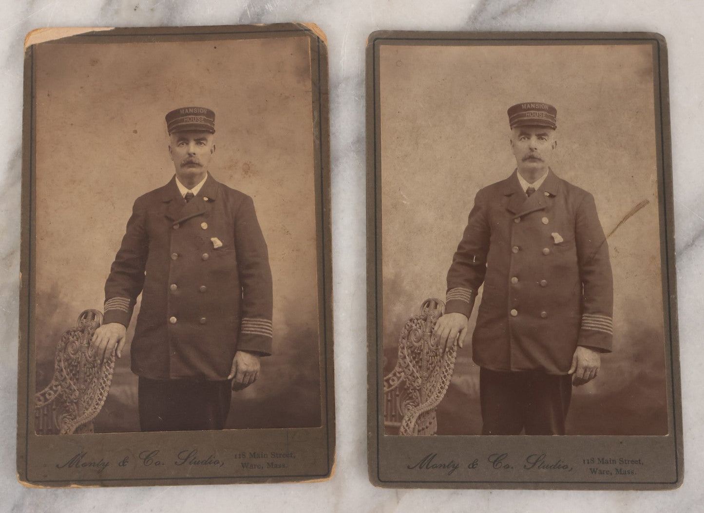 Lot 074 - Pair Of Duplicate Antique Cabinet Card Photographs Of "Mansion House" Worker In Uniform With Cap, Monty & Co. Studio, Photographers, Ware, Massachusetts