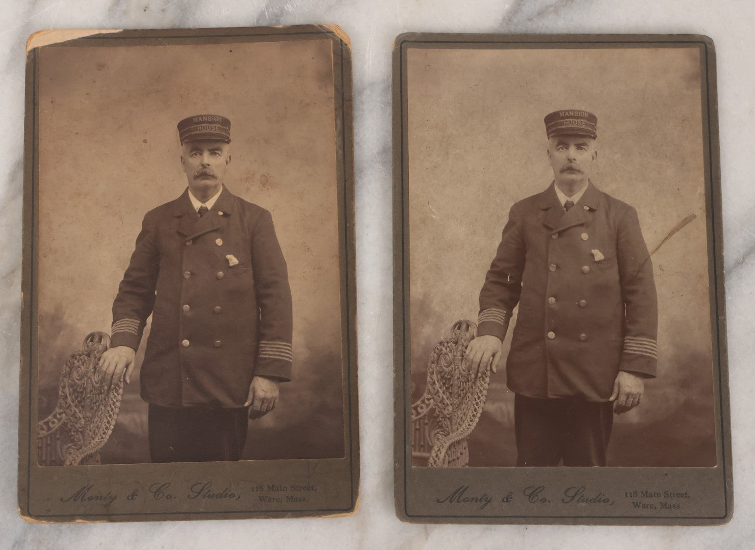 Lot 074 - Pair Of Duplicate Antique Cabinet Card Photographs Of "Mansion House" Worker In Uniform With Cap, Monty & Co. Studio, Photographers, Ware, Massachusetts