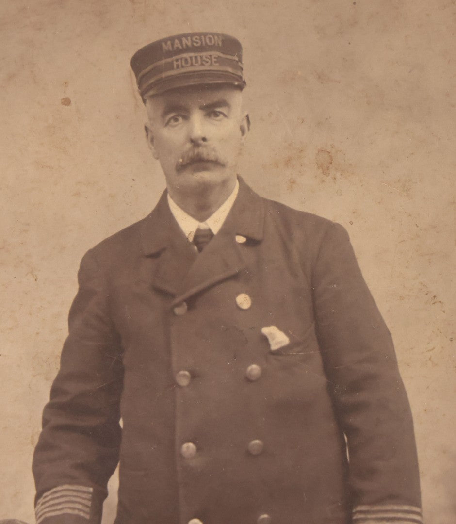 Lot 074 - Pair Of Duplicate Antique Cabinet Card Photographs Of "Mansion House" Worker In Uniform With Cap, Monty & Co. Studio, Photographers, Ware, Massachusetts