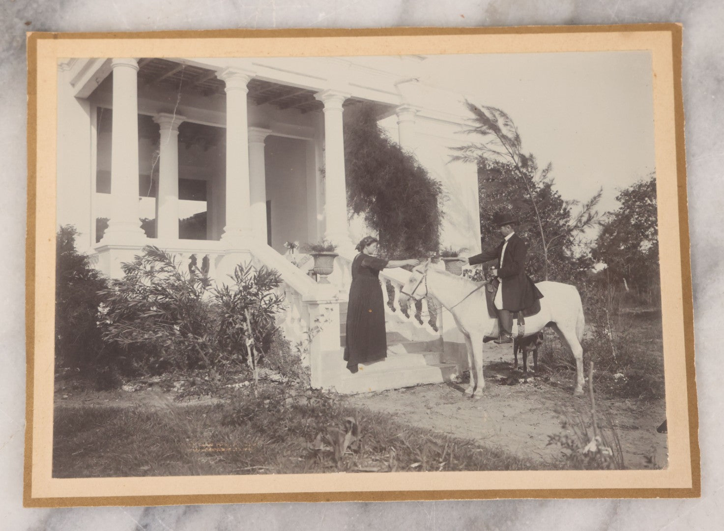 Lot 075 - Grouping Of Four Antique Boarded Photographs Of People And Horses, Including Horse Drawn Cart Crossing Primitive Bridge, Carriages Crossing Suspension Bridge, People On White Horses