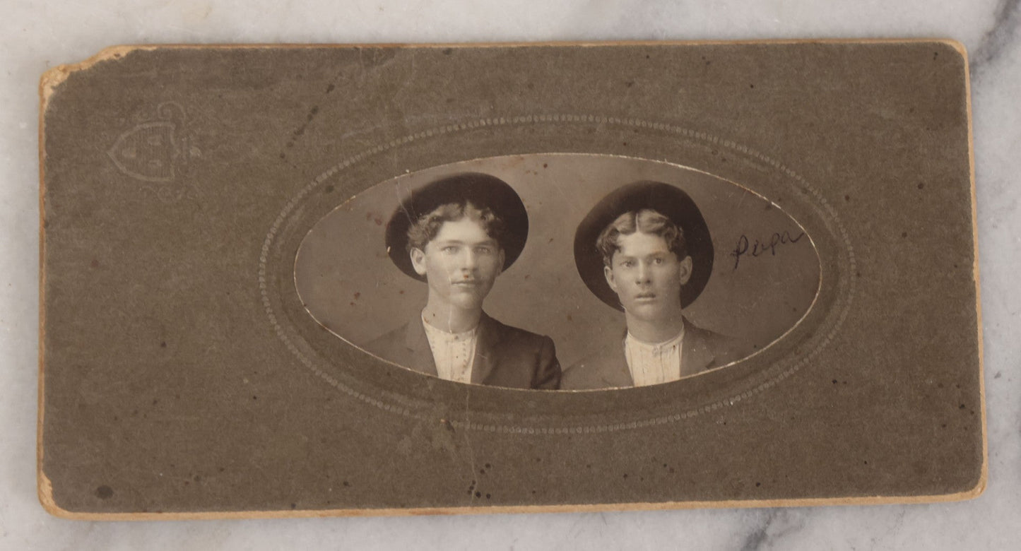 Lot 076 - Grouping Of Three Antique Boarded Photographs Of Young Men In Long Coats And Hats, Including One Labeled "Tough Guys Crew" On Verso