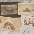 Lot 078 - Grouping Of Six Antique Boarded Outdoor Photographs Including Group In Car, Tent Decorated For Dinner Party, Couple Laughing In Tree, And Western Cabin