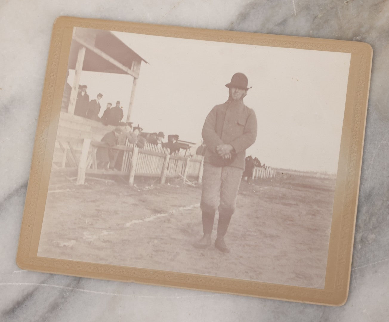 Lot 078 - Grouping Of Six Antique Boarded Outdoor Photographs Including Group In Car, Tent Decorated For Dinner Party, Couple Laughing In Tree, And Western Cabin