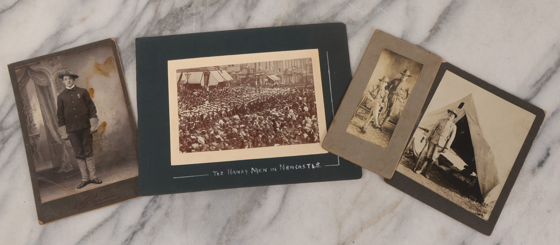 Lot 079 - Grouping Of Four Antique Boarded Photographs Of Soldiers In Uniform, Including Sailors Captioned "The Handy Men In Newcastle," And Other W.W.I. Era Soldiers