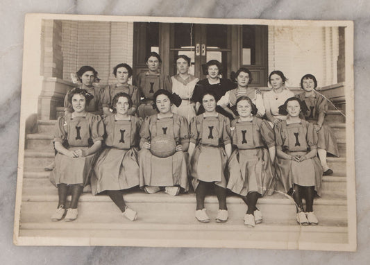 Lot 089 - Antique Unmounted Photograph Of Group Of Young Female Athletes Posing In Handmade Uniforms With Medicine Ball