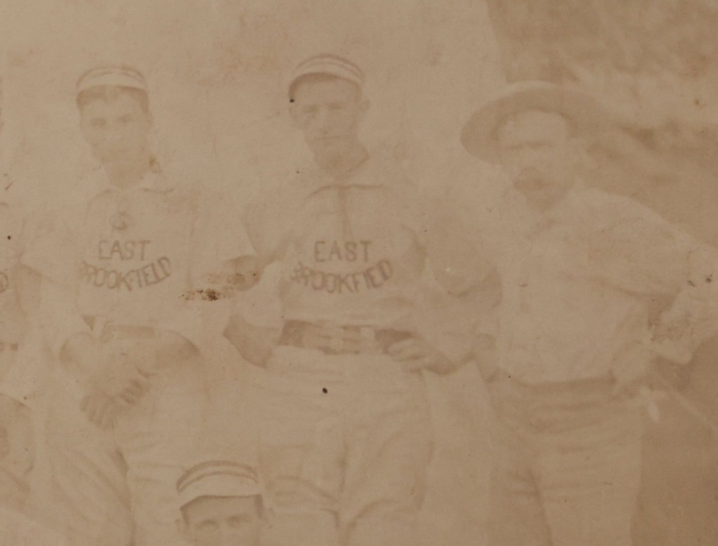 Lot 093 - Trimmed Antique Boarded Photograph Of Early Baseball Team From East Brookfield, Massachusetts, Posing With Bats And Equipment, B.L. Nichols, Photographer
