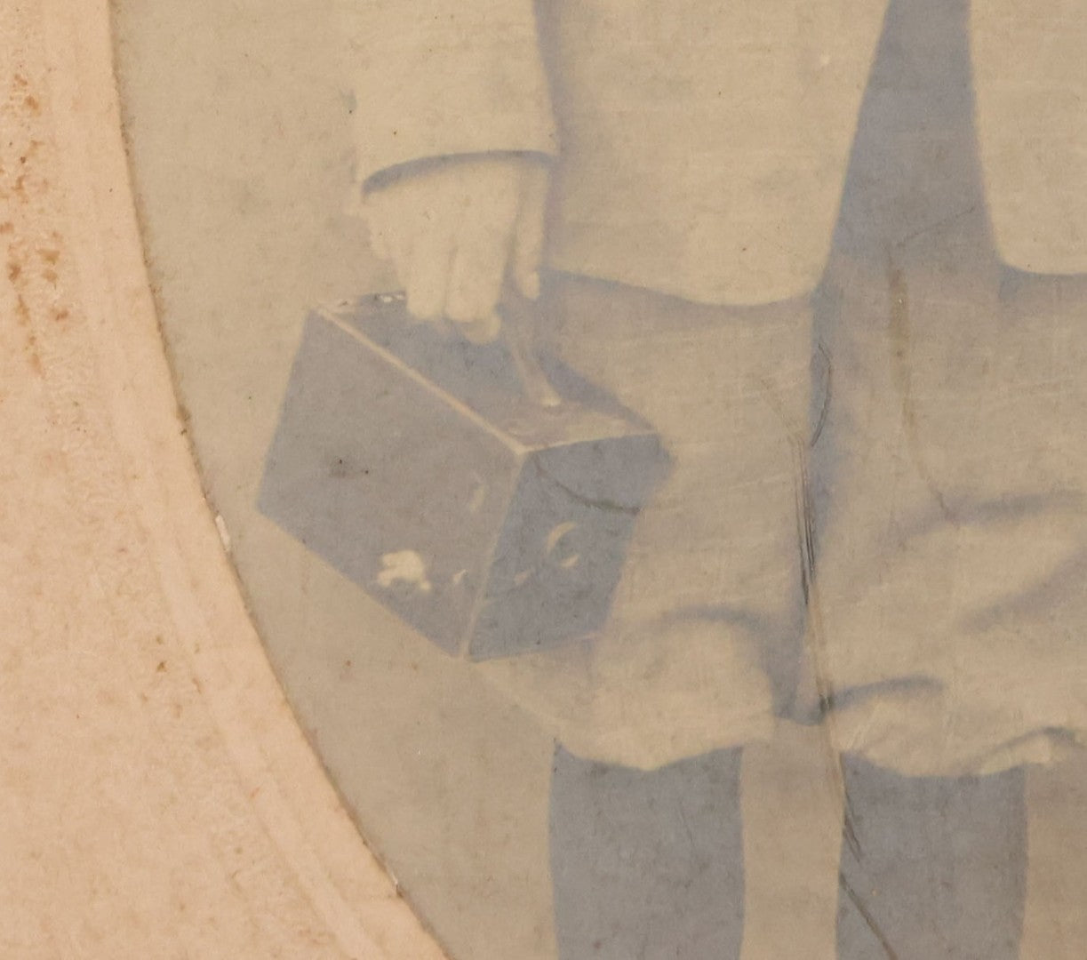 Lot 097 - Antique Trimmed Boarded Photograph Of Young Boy Photographer Posing With Turn Of The Century Box Camera