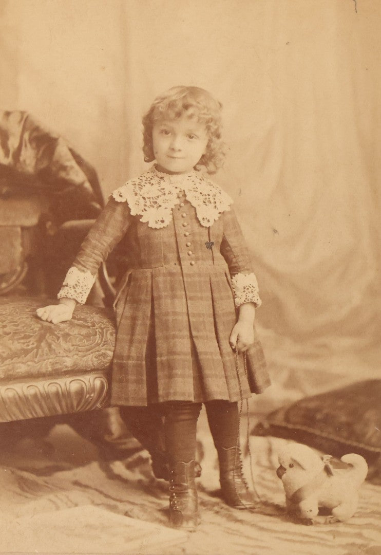 Lot 098 - Antique Cabinet Card Photograph Of Happy Little Girl Posing With Her Fluffy Dog Pull Toy, Holland Roberts, Photographers, Boston