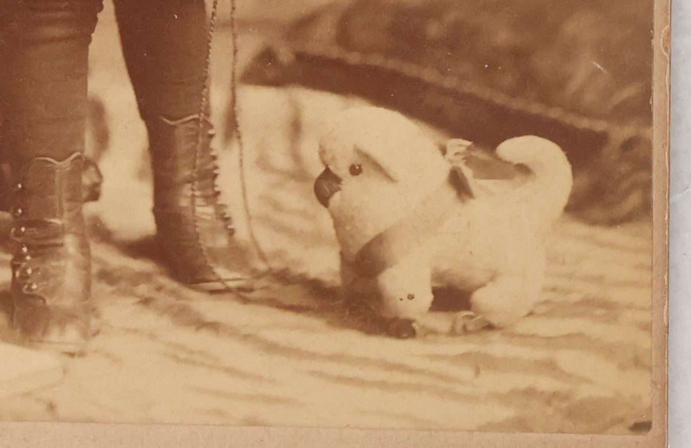 Lot 098 - Antique Cabinet Card Photograph Of Happy Little Girl Posing With Her Fluffy Dog Pull Toy, Holland Roberts, Photographers, Boston