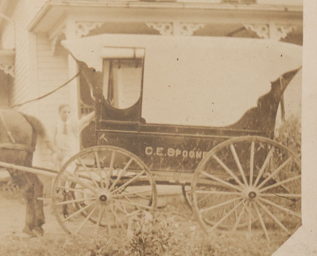 Lot 103 - Antique Boarded Occupational Photograph Of Delivery Man Posing With Horse Drawn Wagon, With Wagon Marked "C.E. Spoone," Brookfield, Massachusetts
