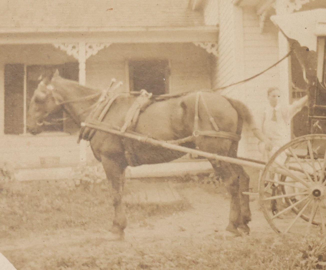 Lot 103 - Antique Boarded Occupational Photograph Of Delivery Man Posing With Horse Drawn Wagon, With Wagon Marked "C.E. Spoone," Brookfield, Massachusetts