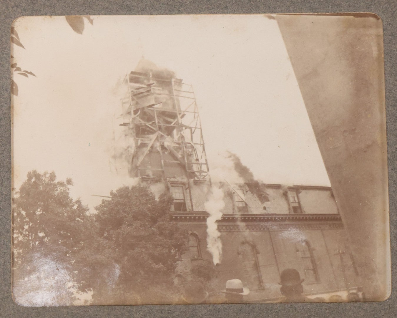 Lot 106 - Antique Snapshot Photograph In Paper Board Slipframe Of Brookfield, Massachusetts Town Hall On Fire, Circa 1902