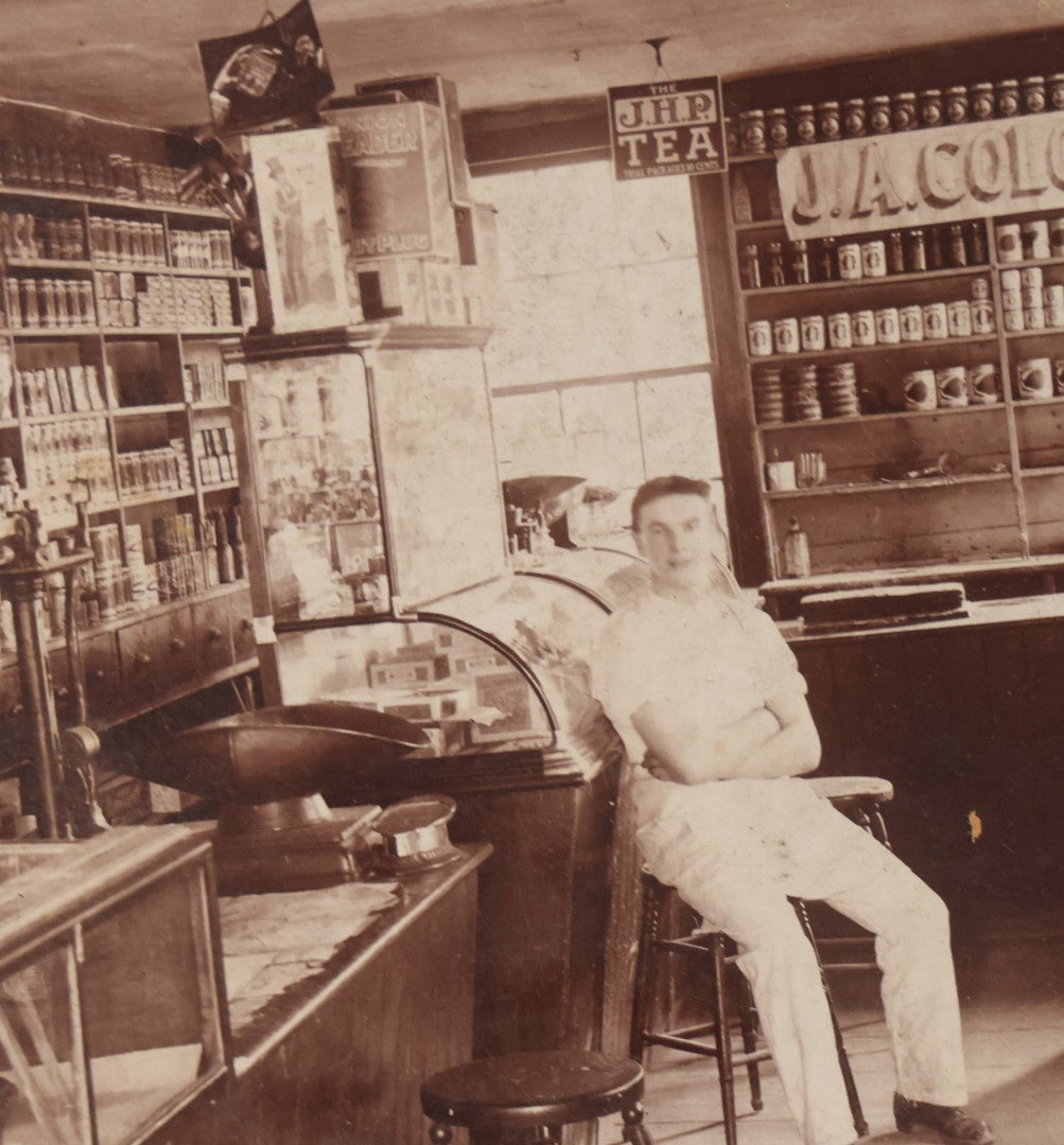 Lot 107 - Antique Boarded Occupational Photograph Of Interior Of J.A. Colquhoun General Store With Employees And Many Products In Photograph, Sturbridge, Massachusetts