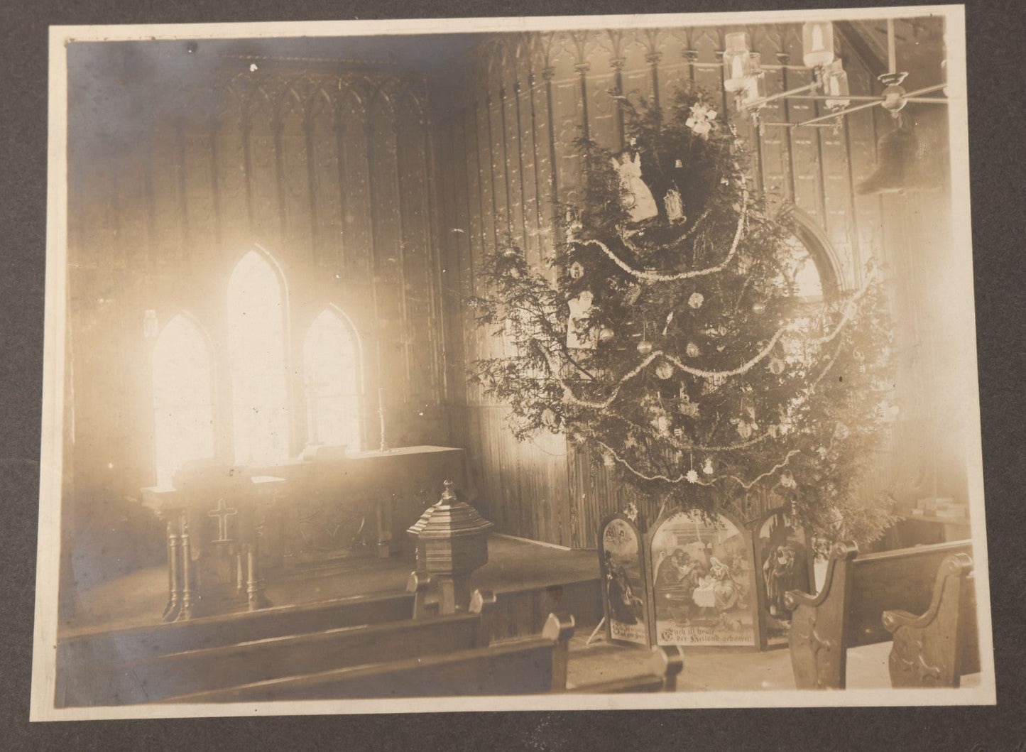 Lot 113 - Antique Boarded Photograph Of Christmas Tree In Church Before The Altar