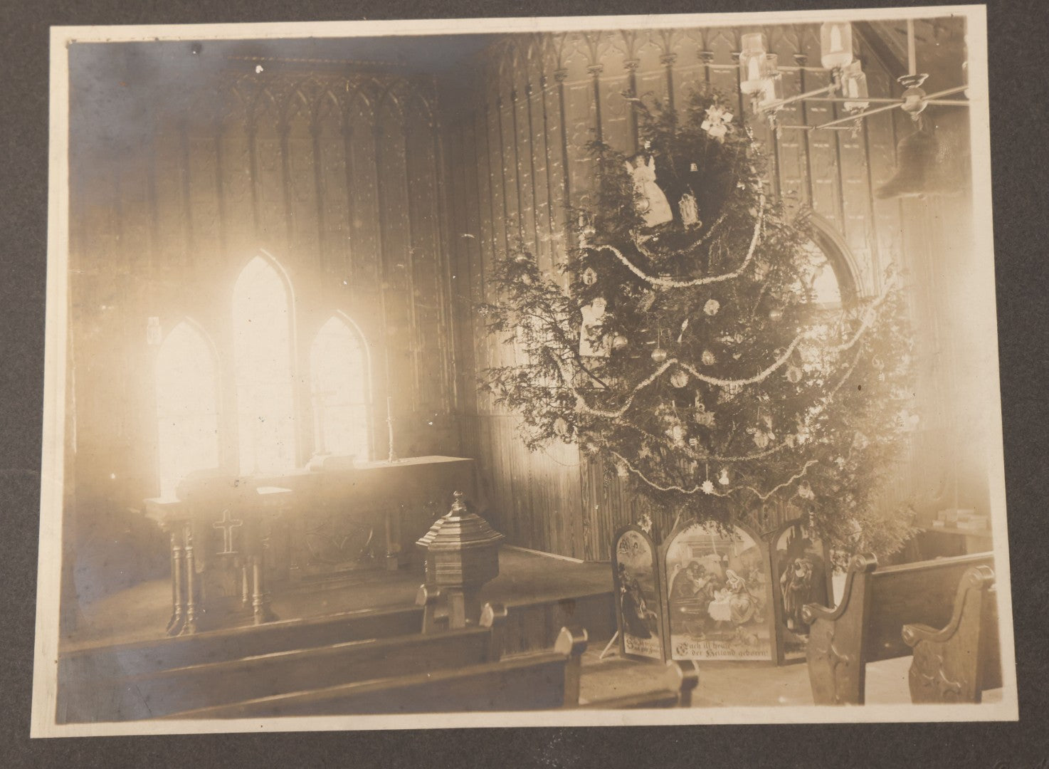 Lot 113 - Antique Boarded Photograph Of Christmas Tree In Church Before The Altar