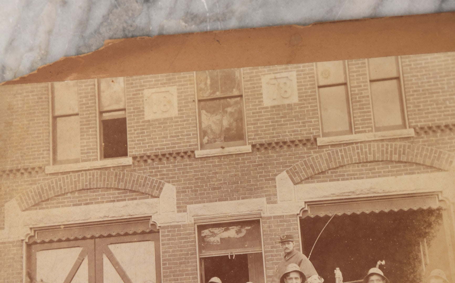 Lot 115 - Antique Boarded Occupational Photograph Of Group Of Late 19th Century Firefighters Posing With Their Horse Drawn Fire Engine And Their Firehouse Dog In Full Gear Outside Of Firehouse