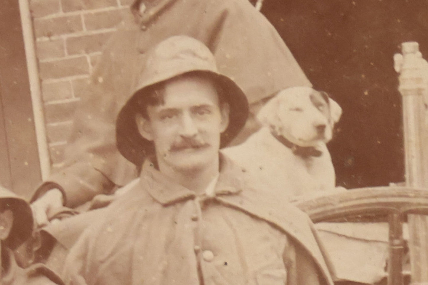 Lot 115 - Antique Boarded Occupational Photograph Of Group Of Late 19th Century Firefighters Posing With Their Horse Drawn Fire Engine And Their Firehouse Dog In Full Gear Outside Of Firehouse