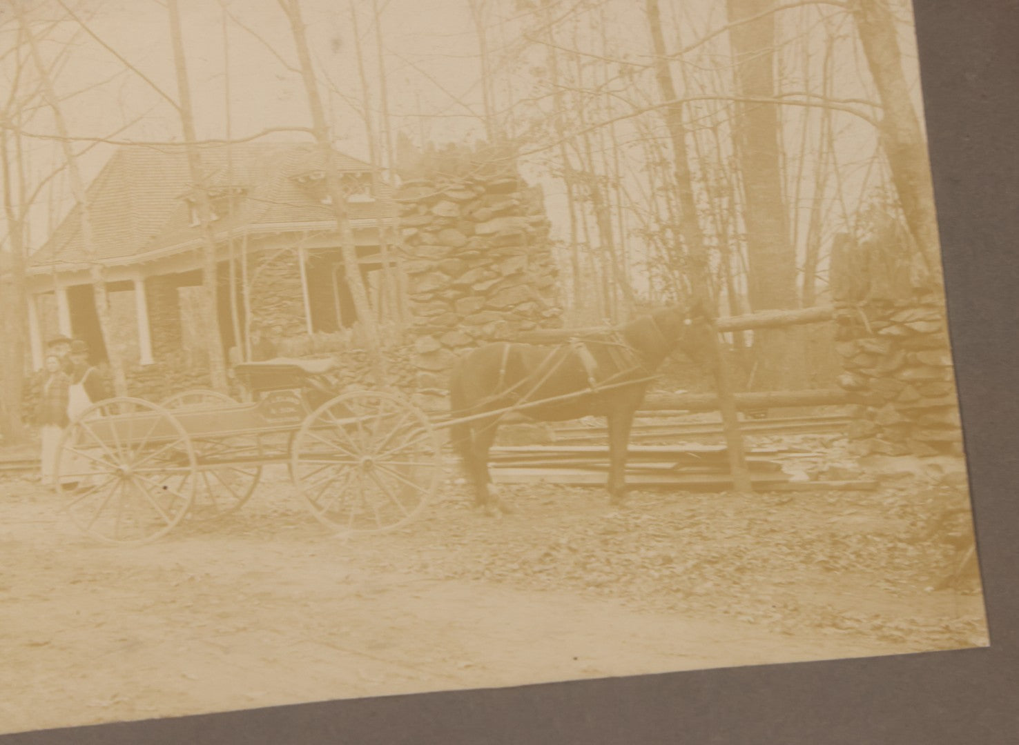 Lot 117 - Antique Boarded Occupational Photograph Of Travelers Waiting At The Trolley Station At The Entrance To Lake Nipmuc Park, Mendon, Massachusetts, Circa 1900, With Horse Drawn Wagon From Leland & Son Masons