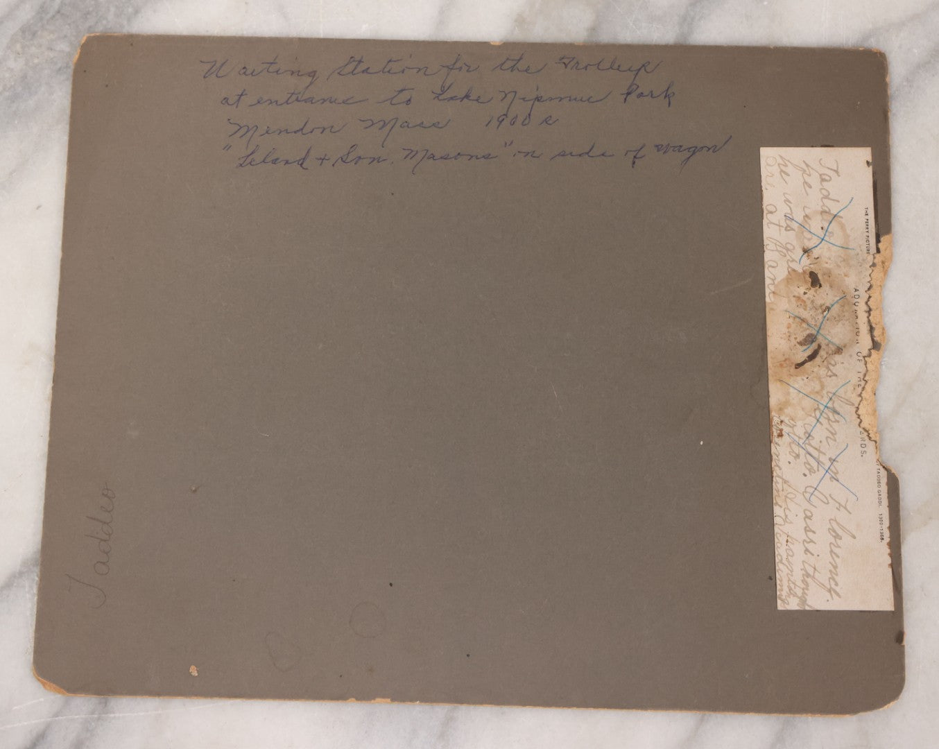 Lot 117 - Antique Boarded Occupational Photograph Of Travelers Waiting At The Trolley Station At The Entrance To Lake Nipmuc Park, Mendon, Massachusetts, Circa 1900, With Horse Drawn Wagon From Leland & Son Masons