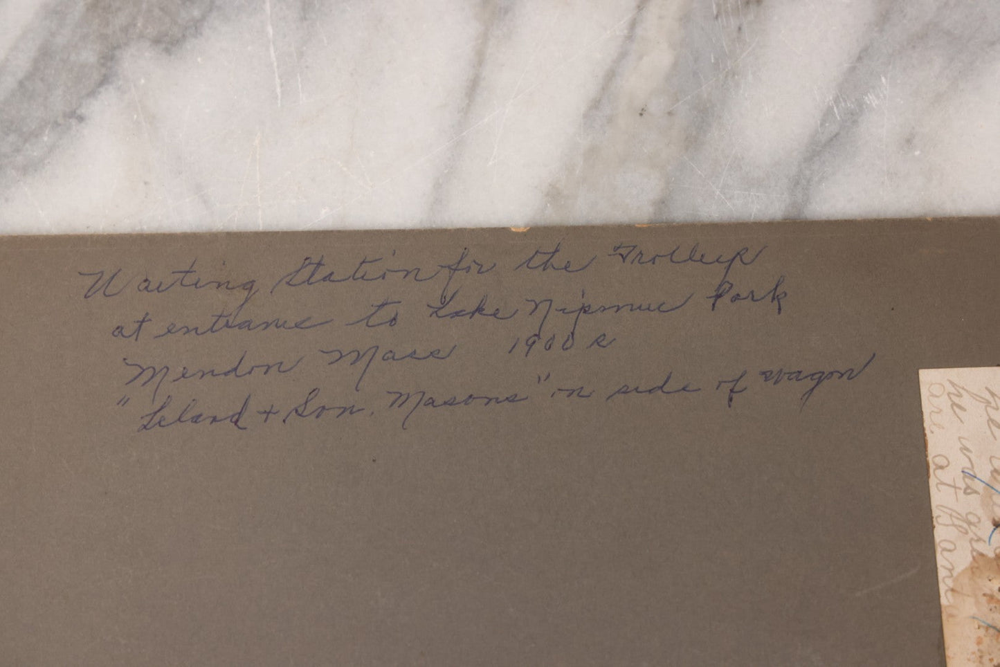 Lot 117 - Antique Boarded Occupational Photograph Of Travelers Waiting At The Trolley Station At The Entrance To Lake Nipmuc Park, Mendon, Massachusetts, Circa 1900, With Horse Drawn Wagon From Leland & Son Masons