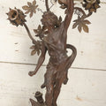 Lot 001 - Antique French Bronzed Spelter Art Nouveau Neo-Classical Revival Figural Lamp Base With Male Figure With Outstretched Arm Holding Torch And Three Curved Lighting Arms With Metal Leaves, Note Lamp Needs Complete Rewiring And Has Metal Damage