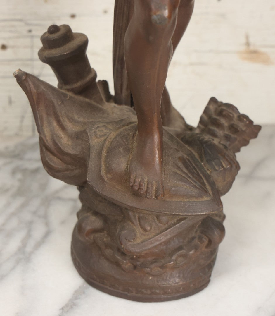 Lot 001 - Antique French Bronzed Spelter Art Nouveau Neo-Classical Revival Figural Lamp Base With Male Figure With Outstretched Arm Holding Torch And Three Curved Lighting Arms With Metal Leaves, Note Lamp Needs Complete Rewiring And Has Metal Damage