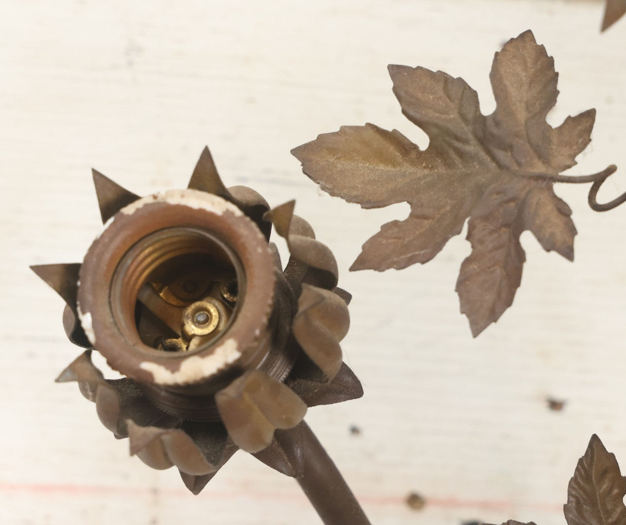 Lot 001 - Antique French Bronzed Spelter Art Nouveau Neo-Classical Revival Figural Lamp Base With Male Figure With Outstretched Arm Holding Torch And Three Curved Lighting Arms With Metal Leaves, Note Lamp Needs Complete Rewiring And Has Metal Damage