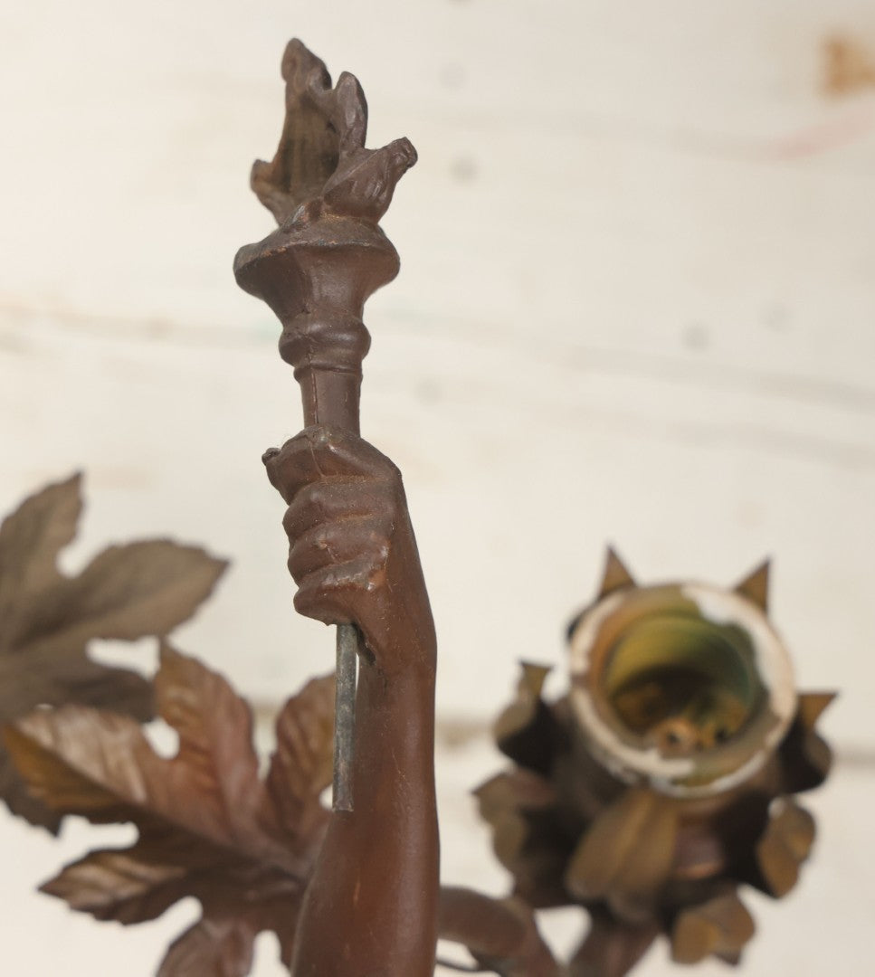 Lot 001 - Antique French Bronzed Spelter Art Nouveau Neo-Classical Revival Figural Lamp Base With Male Figure With Outstretched Arm Holding Torch And Three Curved Lighting Arms With Metal Leaves, Note Lamp Needs Complete Rewiring And Has Metal Damage