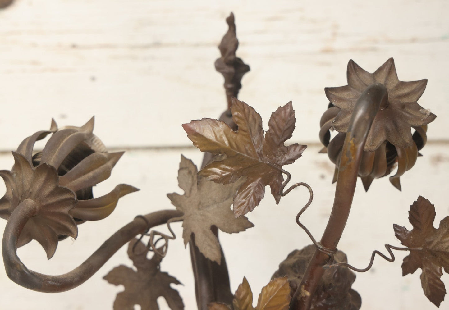 Lot 001 - Antique French Bronzed Spelter Art Nouveau Neo-Classical Revival Figural Lamp Base With Male Figure With Outstretched Arm Holding Torch And Three Curved Lighting Arms With Metal Leaves, Note Lamp Needs Complete Rewiring And Has Metal Damage