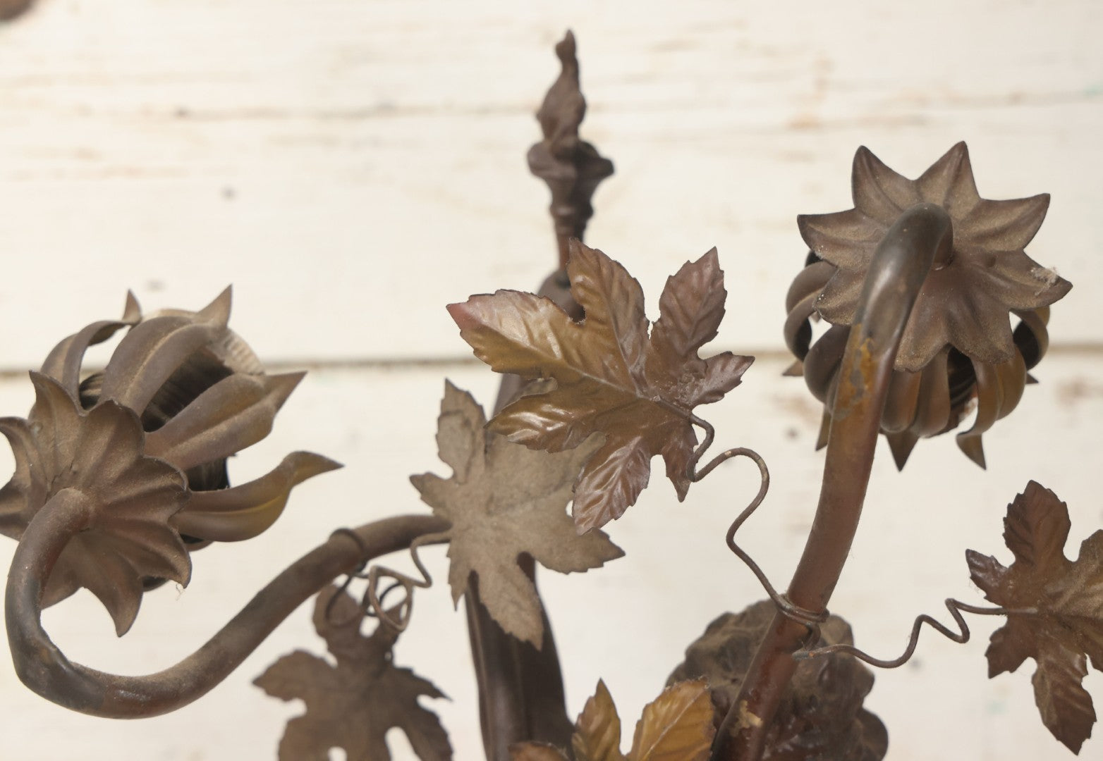 Lot 001 - Antique French Bronzed Spelter Art Nouveau Neo-Classical Revival Figural Lamp Base With Male Figure With Outstretched Arm Holding Torch And Three Curved Lighting Arms With Metal Leaves, Note Lamp Needs Complete Rewiring And Has Metal Damage