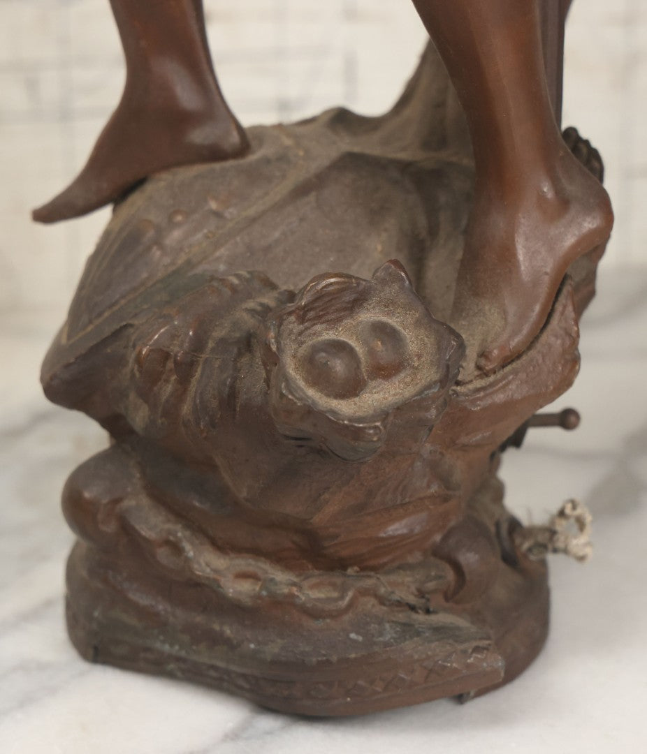 Lot 001 - Antique French Bronzed Spelter Art Nouveau Neo-Classical Revival Figural Lamp Base With Male Figure With Outstretched Arm Holding Torch And Three Curved Lighting Arms With Metal Leaves, Note Lamp Needs Complete Rewiring And Has Metal Damage