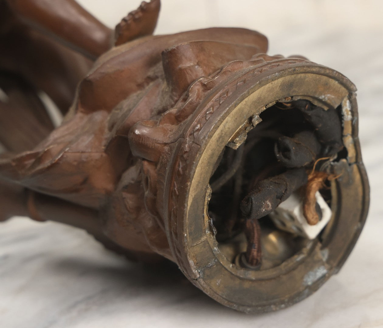 Lot 001 - Antique French Bronzed Spelter Art Nouveau Neo-Classical Revival Figural Lamp Base With Male Figure With Outstretched Arm Holding Torch And Three Curved Lighting Arms With Metal Leaves, Note Lamp Needs Complete Rewiring And Has Metal Damage