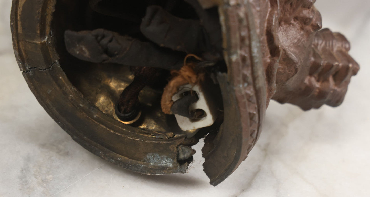 Lot 001 - Antique French Bronzed Spelter Art Nouveau Neo-Classical Revival Figural Lamp Base With Male Figure With Outstretched Arm Holding Torch And Three Curved Lighting Arms With Metal Leaves, Note Lamp Needs Complete Rewiring And Has Metal Damage