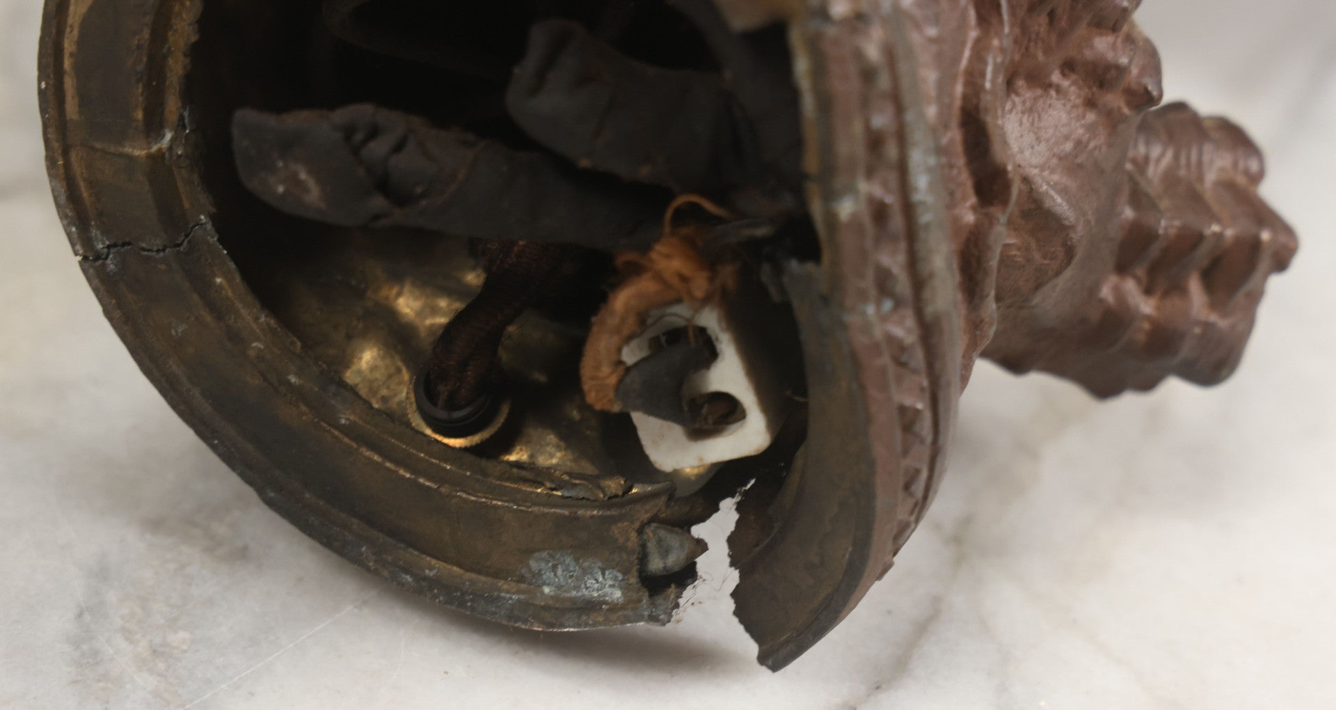 Lot 001 - Antique French Bronzed Spelter Art Nouveau Neo-Classical Revival Figural Lamp Base With Male Figure With Outstretched Arm Holding Torch And Three Curved Lighting Arms With Metal Leaves, Note Lamp Needs Complete Rewiring And Has Metal Damage