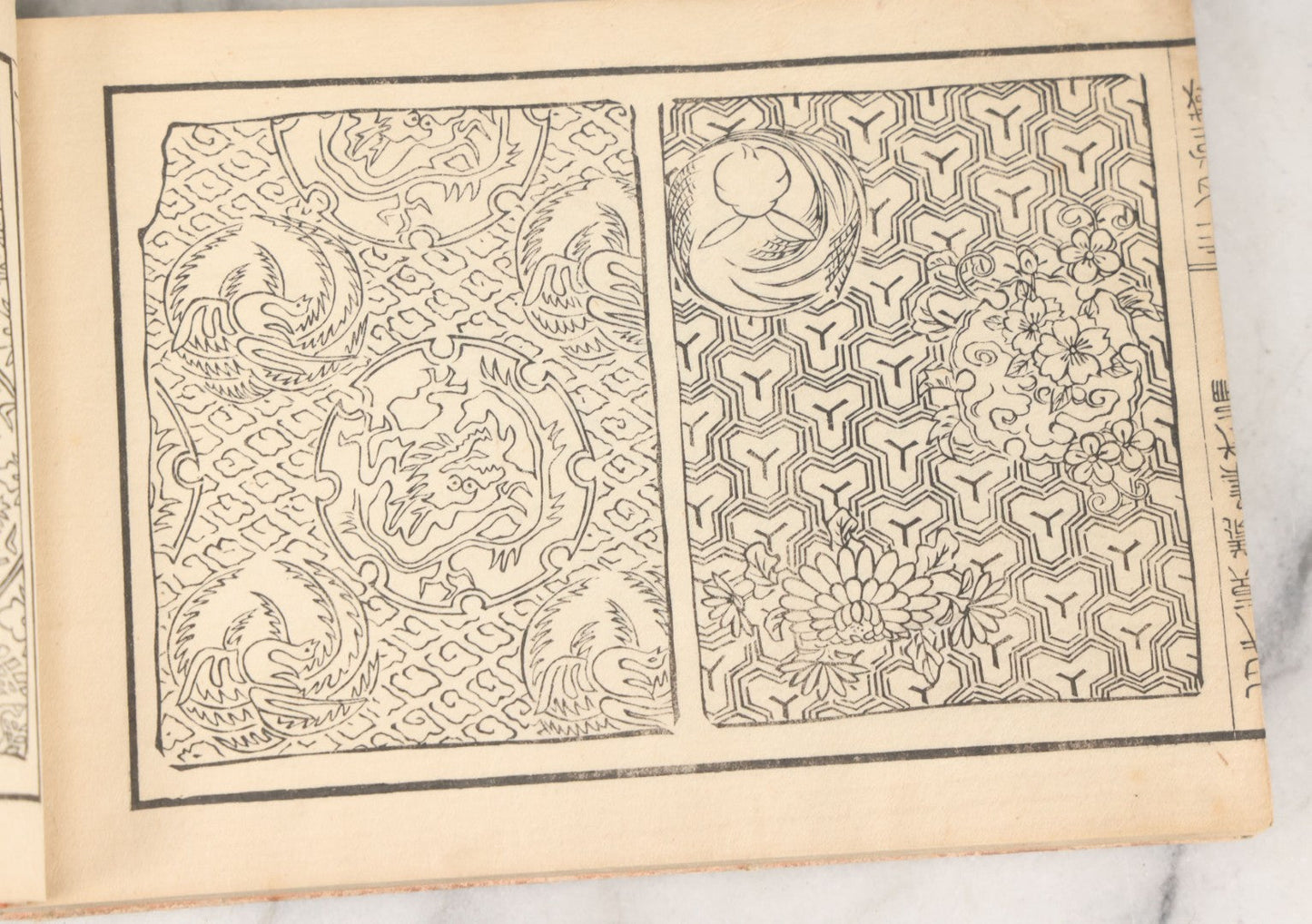 Lot 002 - Antique Japanese Meiji-Era Hingata-Bon Or Zuan-Cho Kimono Textile Design Pattern Collection Book With Dozens Of Printed Design Examples, With Paper Cover, Hand Strung Binding, Circa 1880