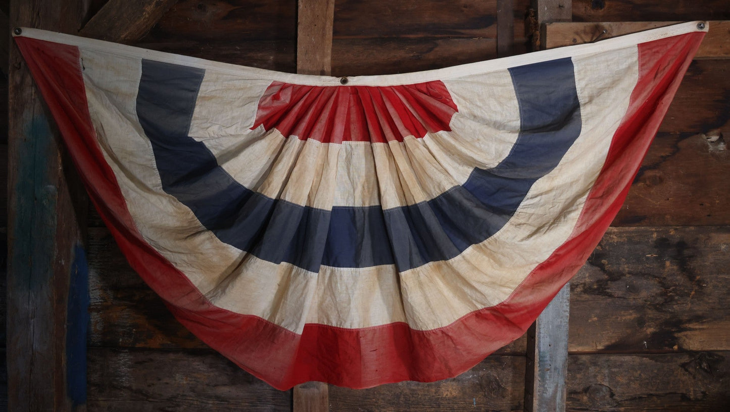 Lot 007 - Vintage Red White And Blue Patriotic Bunting, Note Holes, Fading, And Staining, 76" W x 34" H
